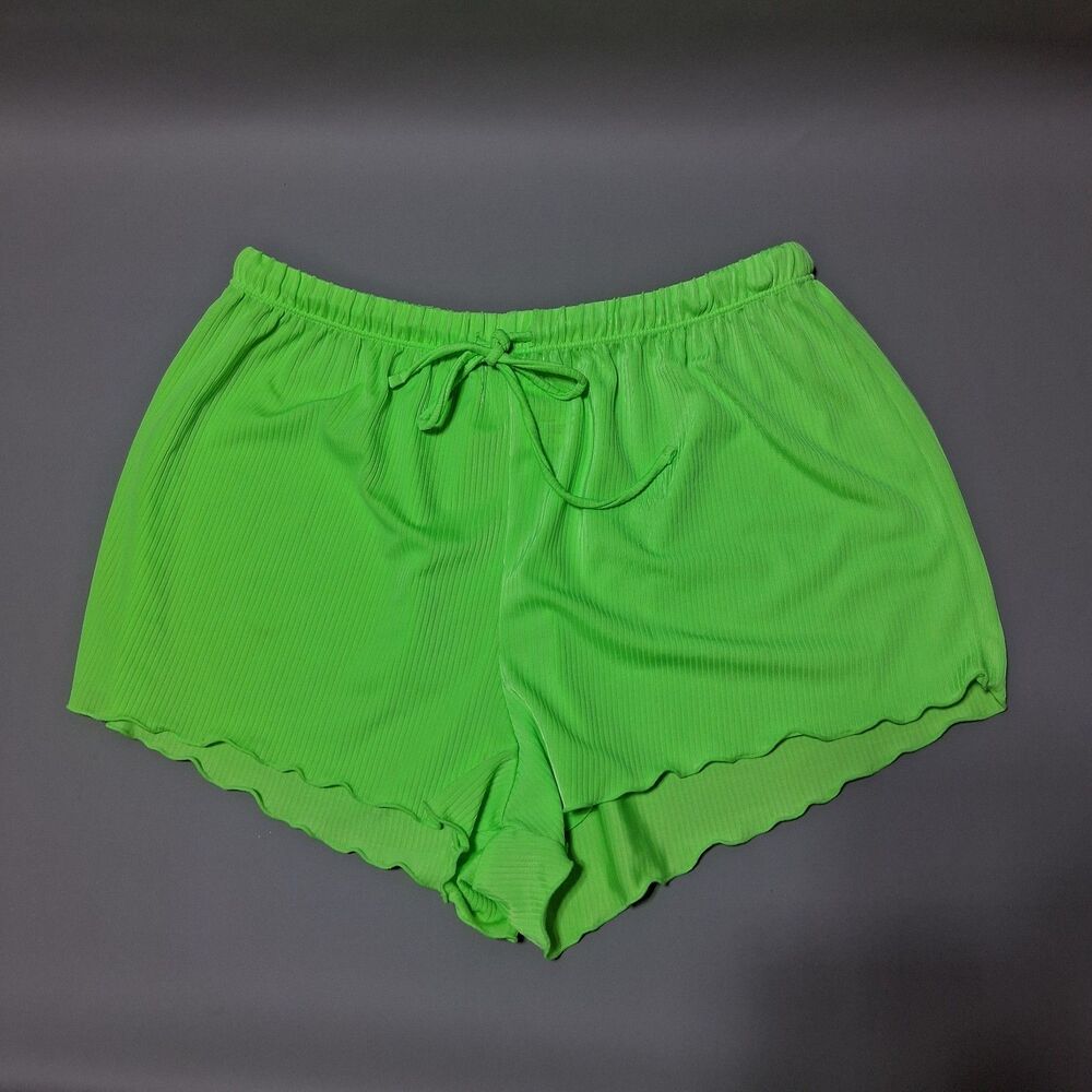 Endless Waves Women XL Ribbed Cover Up Shorts Lime Green Lettuce Trim Drawstring